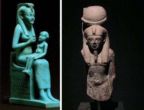 左）《ホルスに授乳するイシス女神》（前664～前525年頃）（C) Staatliche Museen zu Berlin, Ägyptisches Museum und Papyrussammlung / S. Steisß 右）《コンス神像（上半身）》（前1279～前1273年頃）　 (C) Staatliche Museen zu Berlin, Ägyptisches Museum und Papyrussammlung