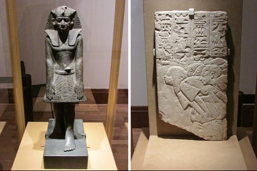 左）《アメンエムハト３世と思われる礼拝する王の立像》（前1853～前1806年） 右）《トゥトアンクアメン（ツタンカーメン）王の前で腰をかがめる廷臣たちのレリーフ》（前1333～前1323年頃） 　 (C) Staatliche Museen zu Berlin, Ägyptisches Museum und Papyrussammlung