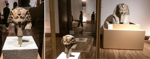 左）《ハトシェプスト王女あるいはトトメス３世のスフィンクス像（胸像）》（前1479～前1458年頃）(C) Staatliche Museen zu Berlin, Ägyptisches Museum und Papyrussammlung 右）会場風景。後方に《ハトシェプスト王女のスフィンクス像頭部》（前1479～前1425年頃）