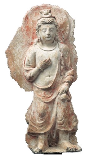 ““《弥勒菩薩立像》（2-3世紀、平山郁夫シルクロード美術館蔵）